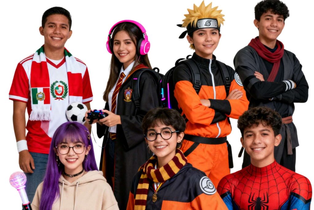 Grupo de jóvenes participando en comunidad fandom de música y gaming compartiendo intereses en entorno digital y social