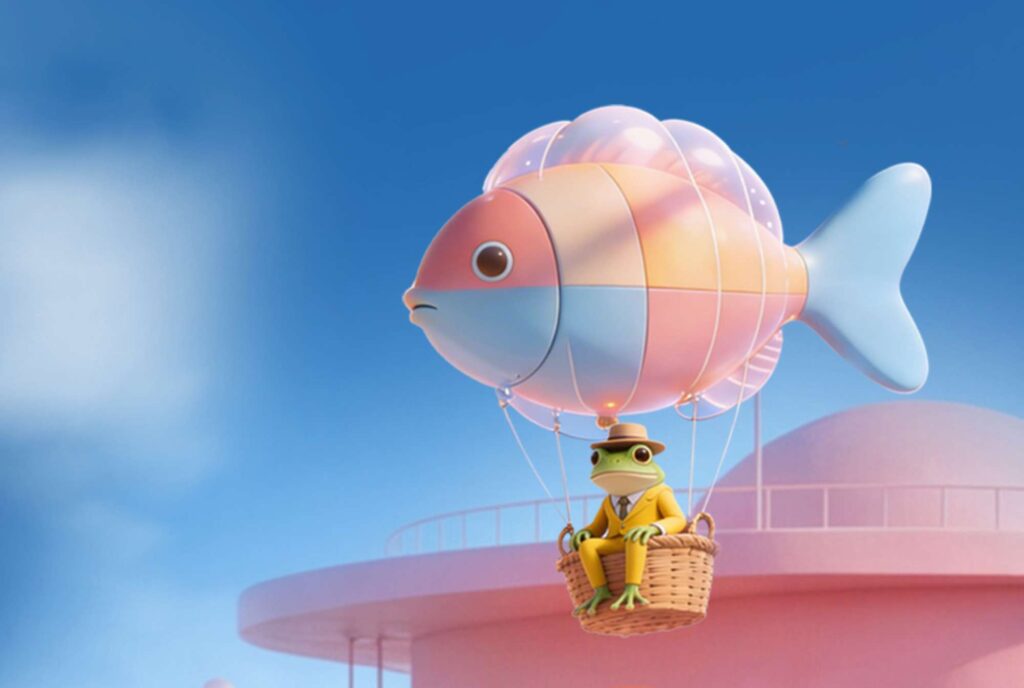 Frog in a yellow suit sits in a wicker basket attached to a pastel pink fish-shaped airship, floating in a blue sky.