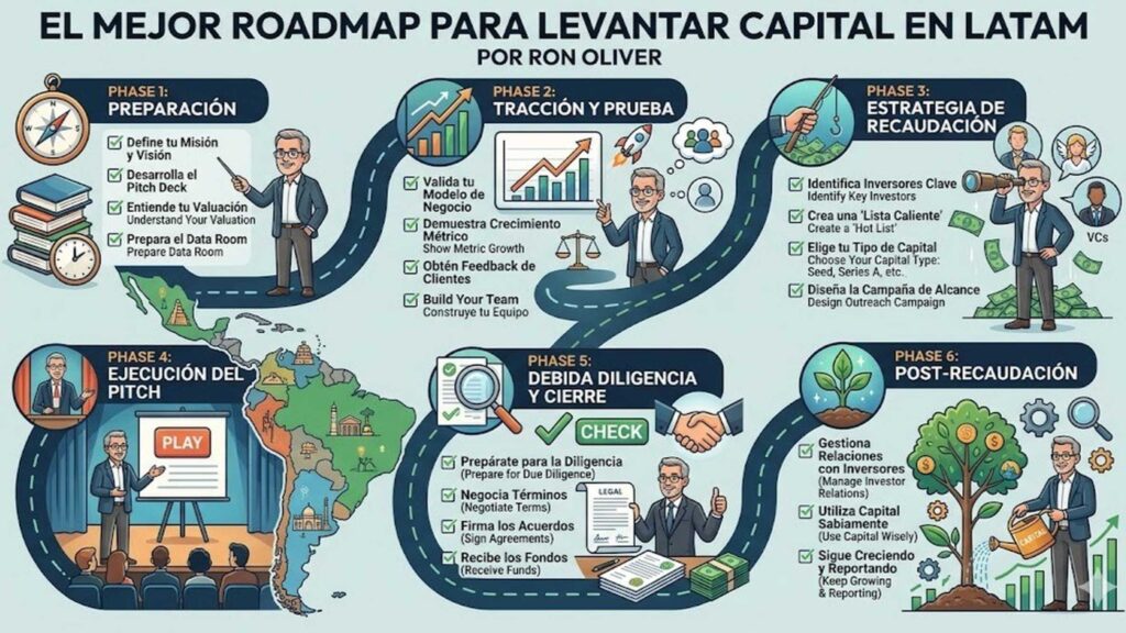 Infographic stepping through six phases to raise capital in Latin America, from Preparation to Post-Closing, with icons and a winding road.