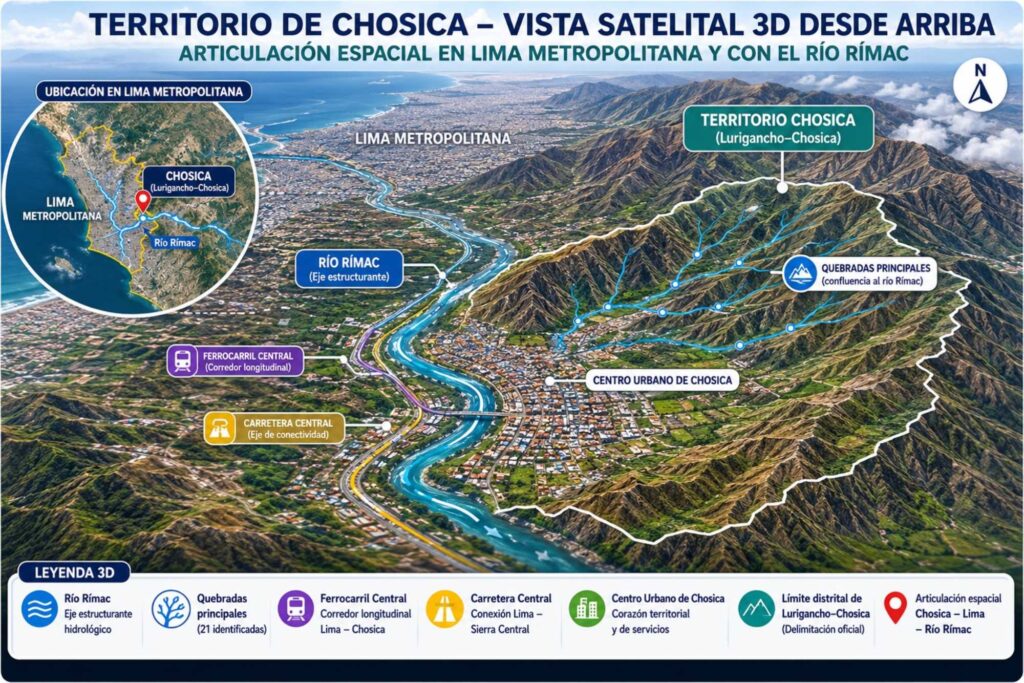 Mapa en 3D de la red de transporte entre Lima Metropolitana y el territorio de Chosica, visto desde arriba, con ríos y quebradas señaladas
