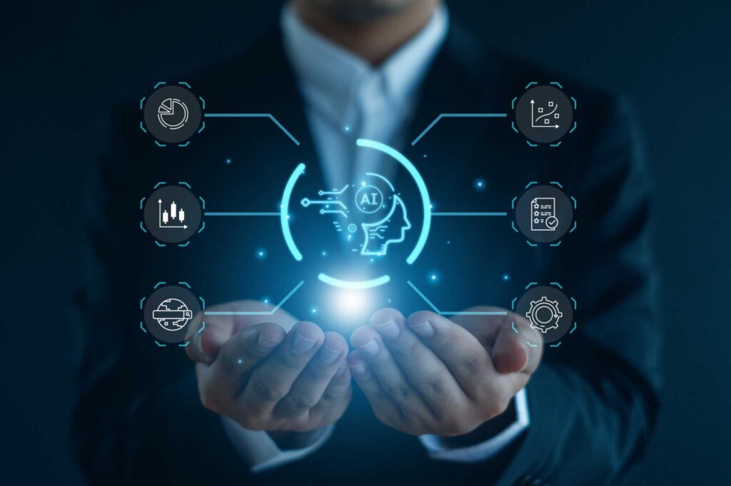 Hands cupped under a glowing blue AI hologram with circular UI and floating data icons.